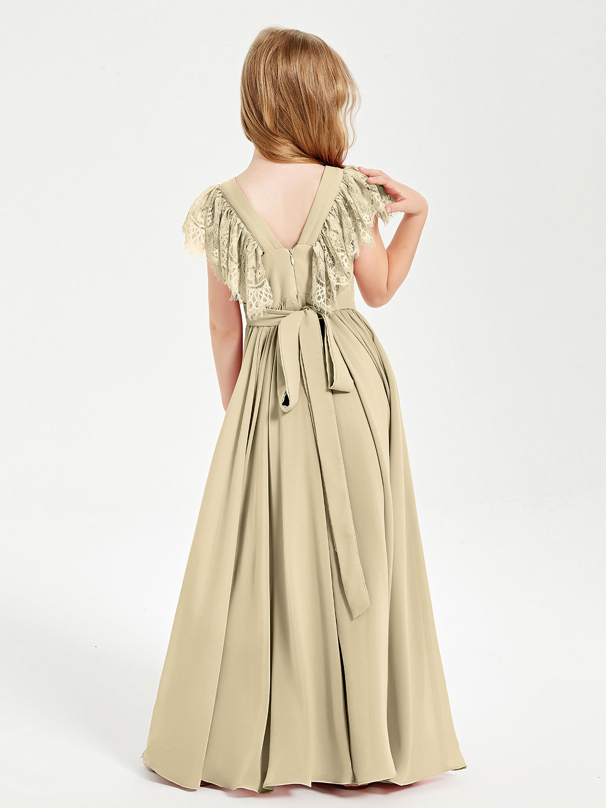 Chiffon Junior Bridesmaid Dresses with Lace Flutter Sleeves Champagne